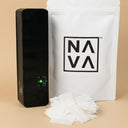 Black electronic device with a white NAVA branded bag and white packets on a beige background